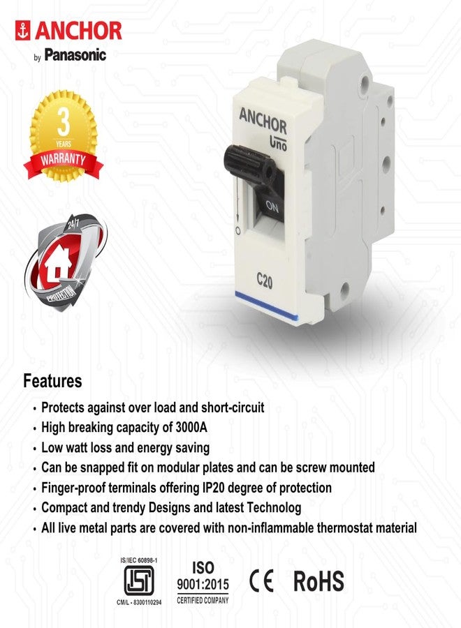 Anchor by Panasonic 65983 UNO Mini Penta Modular 20 Ampere Single Pole C Curve MCB - Image 3